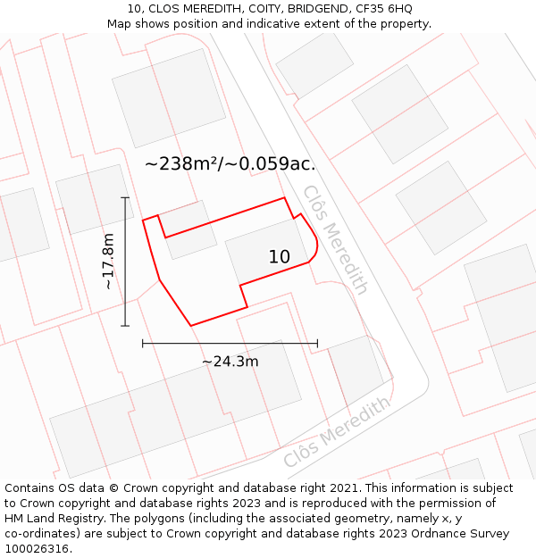 10, CLOS MEREDITH, COITY, BRIDGEND, CF35 6HQ: Plot and title map