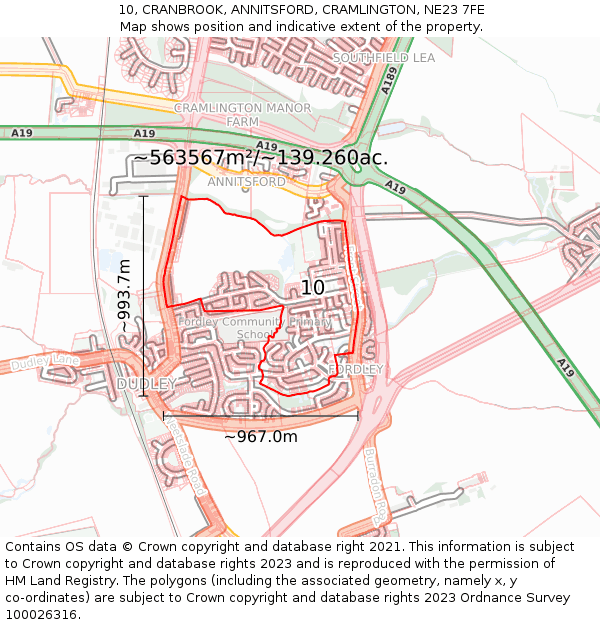 10, CRANBROOK, ANNITSFORD, CRAMLINGTON, NE23 7FE: Plot and title map