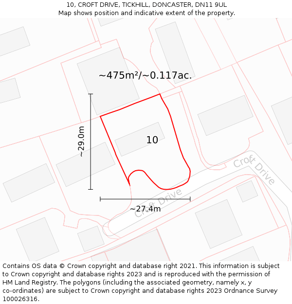 10, CROFT DRIVE, TICKHILL, DONCASTER, DN11 9UL: Plot and title map