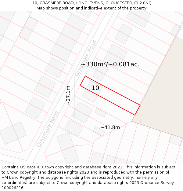 10, GRASMERE ROAD, LONGLEVENS, GLOUCESTER, GL2 0NQ: Plot and title map