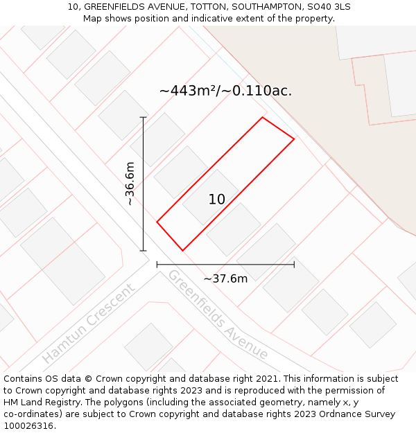 10, GREENFIELDS AVENUE, TOTTON, SOUTHAMPTON, SO40 3LS: Plot and title map