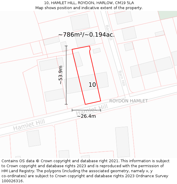 10, HAMLET HILL, ROYDON, HARLOW, CM19 5LA: Plot and title map