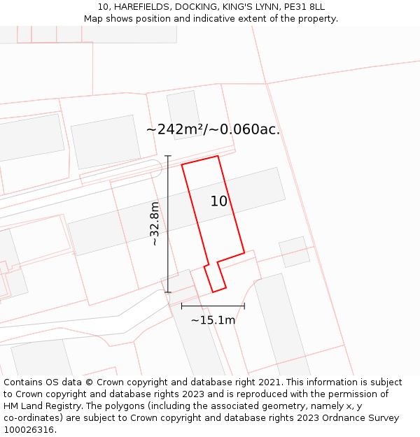 10, HAREFIELDS, DOCKING, KING'S LYNN, PE31 8LL: Plot and title map