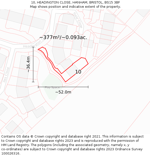 10, HEADINGTON CLOSE, HANHAM, BRISTOL, BS15 3BF: Plot and title map