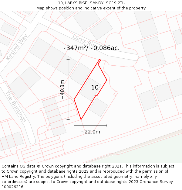 10, LARKS RISE, SANDY, SG19 2TU: Plot and title map