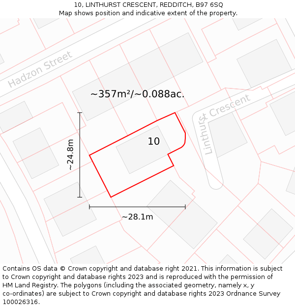 10, LINTHURST CRESCENT, REDDITCH, B97 6SQ: Plot and title map