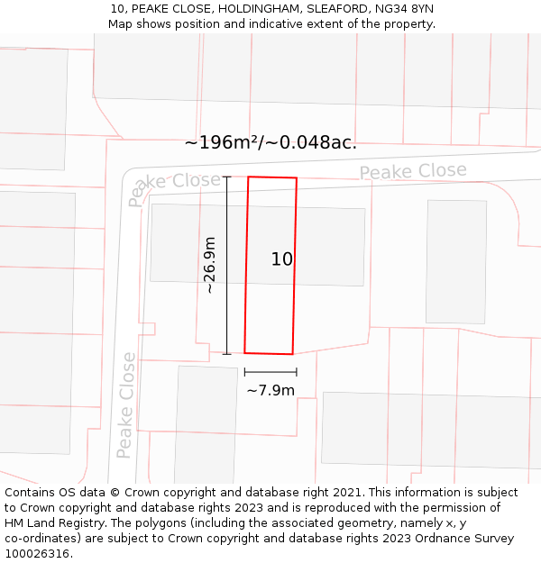 10, PEAKE CLOSE, HOLDINGHAM, SLEAFORD, NG34 8YN: Plot and title map