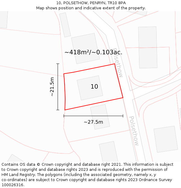 10, POLSETHOW, PENRYN, TR10 8PA: Plot and title map