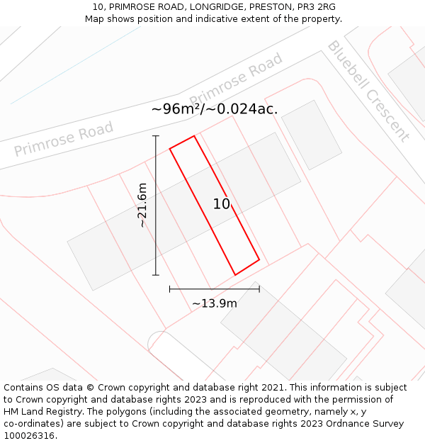 10, PRIMROSE ROAD, LONGRIDGE, PRESTON, PR3 2RG: Plot and title map