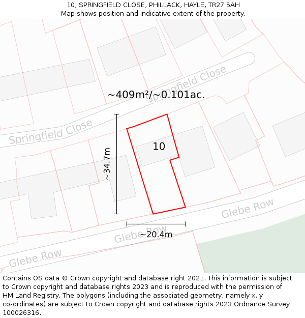 10, SPRINGFIELD CLOSE, PHILLACK, HAYLE, TR27 5AH: Plot and title map