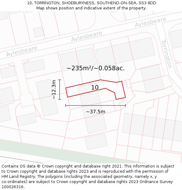 10, TORRINGTON, SHOEBURYNESS, SOUTHEND-ON-SEA, SS3 8DD: Plot and title map