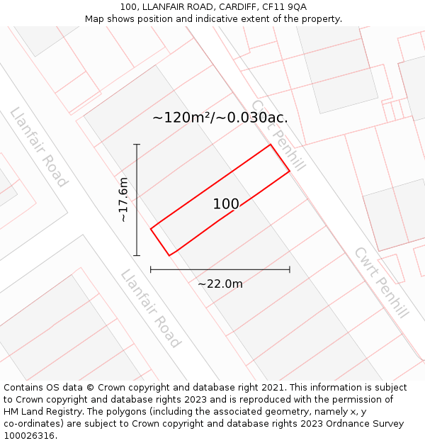 100, LLANFAIR ROAD, CARDIFF, CF11 9QA: Plot and title map