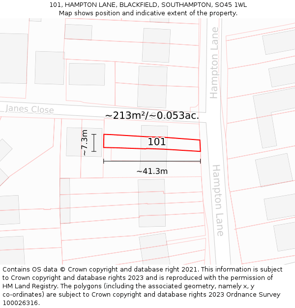 101, HAMPTON LANE, BLACKFIELD, SOUTHAMPTON, SO45 1WL: Plot and title map