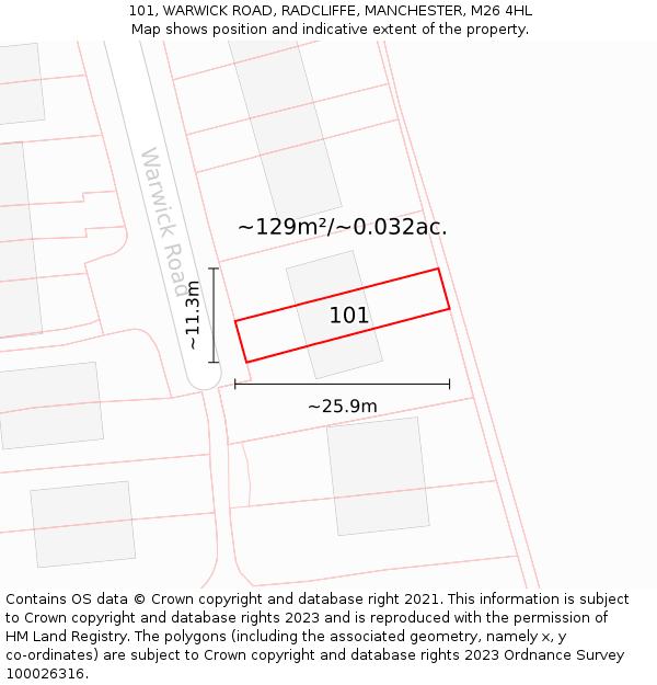101, WARWICK ROAD, RADCLIFFE, MANCHESTER, M26 4HL: Plot and title map