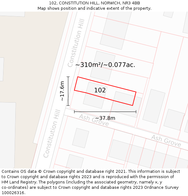 102, CONSTITUTION HILL, NORWICH, NR3 4BB: Plot and title map
