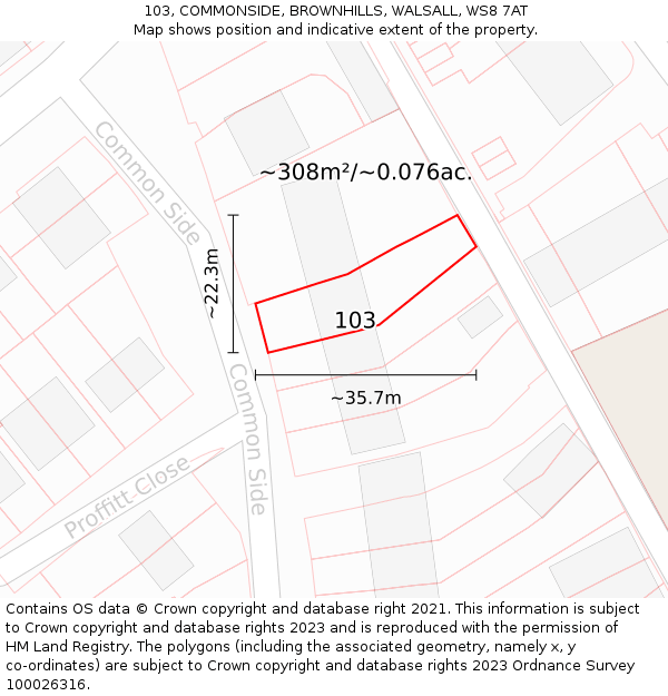 103, COMMONSIDE, BROWNHILLS, WALSALL, WS8 7AT: Plot and title map