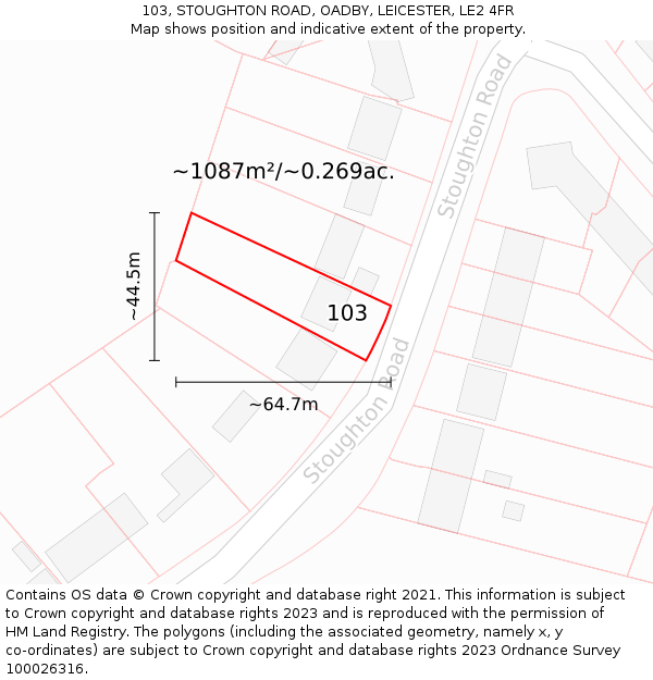 103, STOUGHTON ROAD, OADBY, LEICESTER, LE2 4FR: Plot and title map