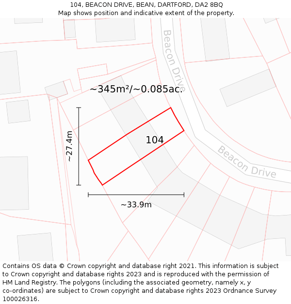 104, BEACON DRIVE, BEAN, DARTFORD, DA2 8BQ: Plot and title map