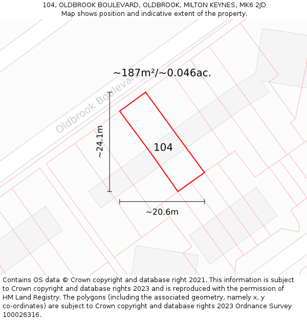 104, OLDBROOK BOULEVARD, OLDBROOK, MILTON KEYNES, MK6 2JD: Plot and title map