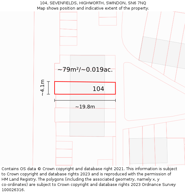 104, SEVENFIELDS, HIGHWORTH, SWINDON, SN6 7NQ: Plot and title map