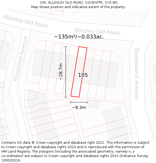 105, ALLESLEY OLD ROAD, COVENTRY, CV5 8FJ: Plot and title map