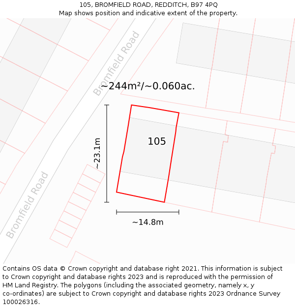 105, BROMFIELD ROAD, REDDITCH, B97 4PQ: Plot and title map