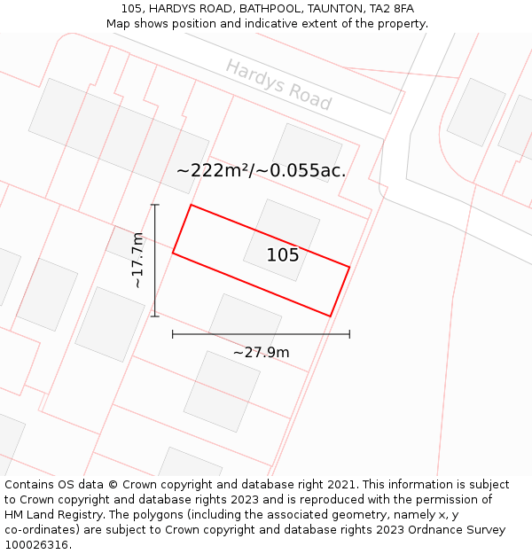 105, HARDYS ROAD, BATHPOOL, TAUNTON, TA2 8FA: Plot and title map
