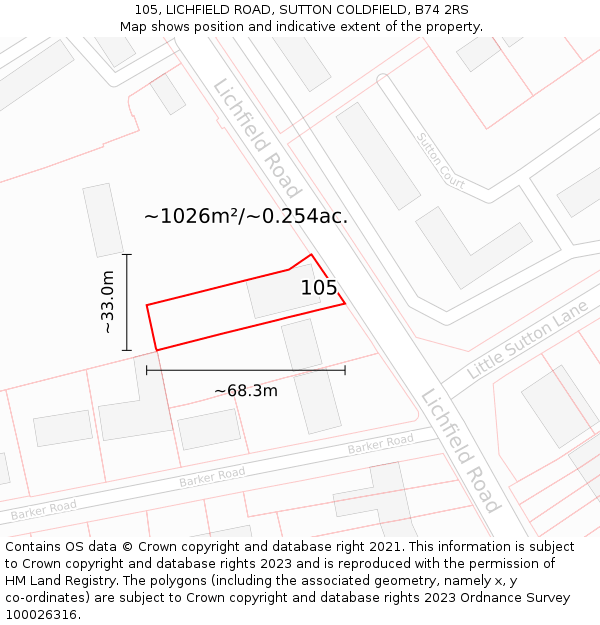 105, LICHFIELD ROAD, SUTTON COLDFIELD, B74 2RS: Plot and title map