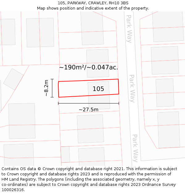 105, PARKWAY, CRAWLEY, RH10 3BS: Plot and title map