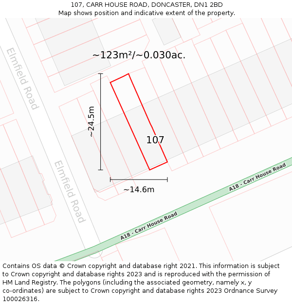 107, CARR HOUSE ROAD, DONCASTER, DN1 2BD: Plot and title map