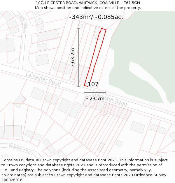 107, LEICESTER ROAD, WHITWICK, COALVILLE, LE67 5GN: Plot and title map