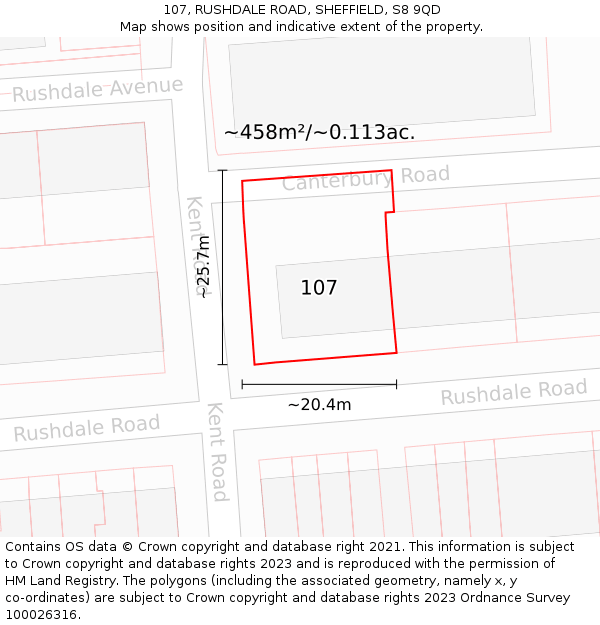107, RUSHDALE ROAD, SHEFFIELD, S8 9QD: Plot and title map