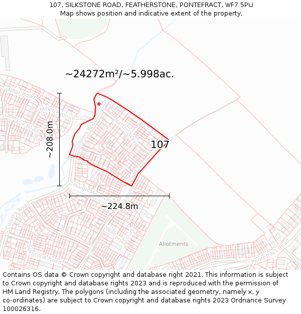 107, SILKSTONE ROAD, FEATHERSTONE, PONTEFRACT, WF7 5PU: Plot and title map