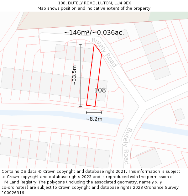 108, BUTELY ROAD, LUTON, LU4 9EX: Plot and title map