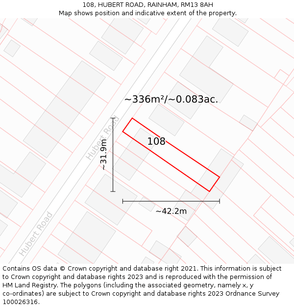 108, HUBERT ROAD, RAINHAM, RM13 8AH: Plot and title map