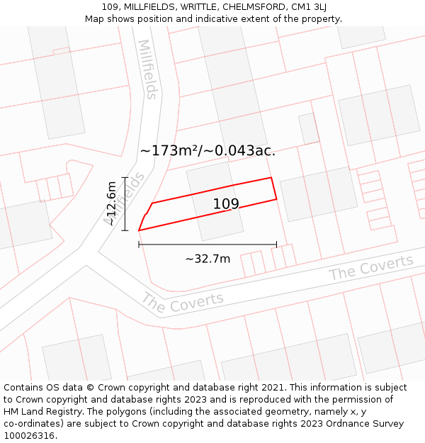 109, MILLFIELDS, WRITTLE, CHELMSFORD, CM1 3LJ: Plot and title map