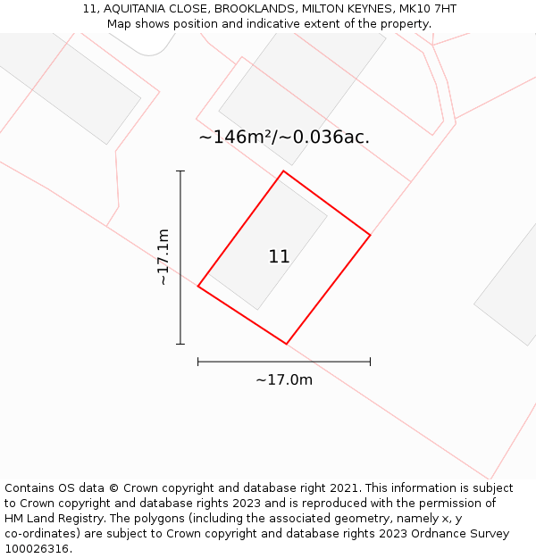 11, AQUITANIA CLOSE, BROOKLANDS, MILTON KEYNES, MK10 7HT: Plot and title map