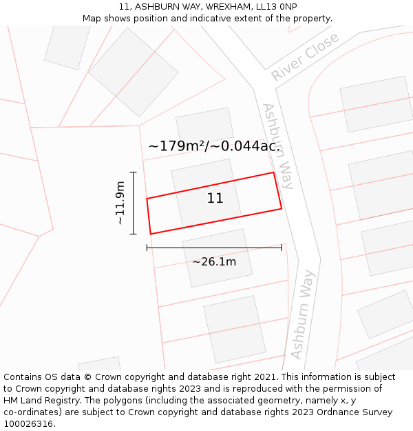 11, ASHBURN WAY, WREXHAM, LL13 0NP: Plot and title map