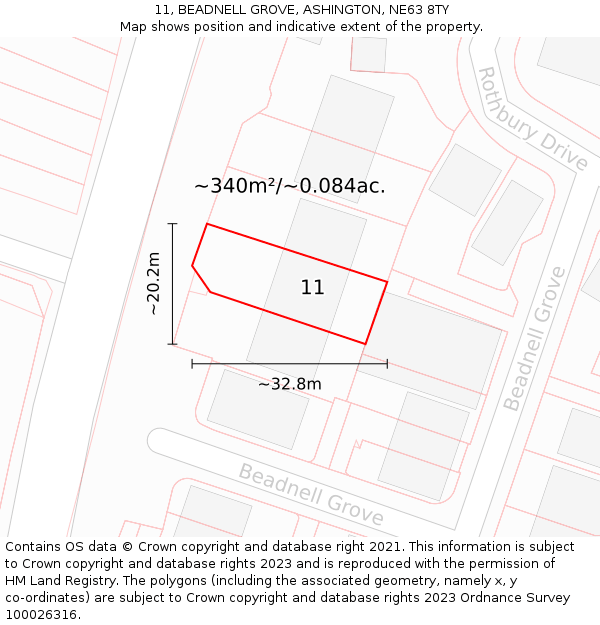 11, BEADNELL GROVE, ASHINGTON, NE63 8TY: Plot and title map