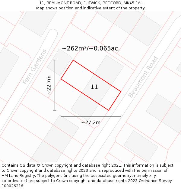 11, BEAUMONT ROAD, FLITWICK, BEDFORD, MK45 1AL: Plot and title map