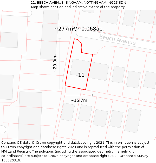 11, BEECH AVENUE, BINGHAM, NOTTINGHAM, NG13 8DN: Plot and title map