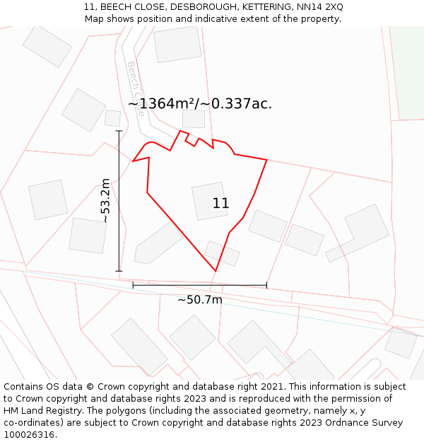 11, BEECH CLOSE, DESBOROUGH, KETTERING, NN14 2XQ: Plot and title map