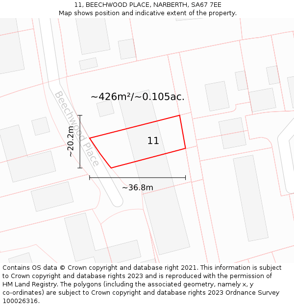 11, BEECHWOOD PLACE, NARBERTH, SA67 7EE: Plot and title map