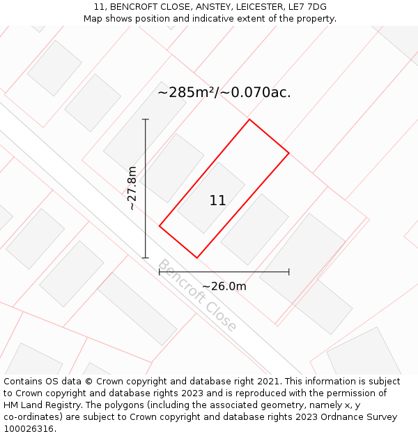 11, BENCROFT CLOSE, ANSTEY, LEICESTER, LE7 7DG: Plot and title map