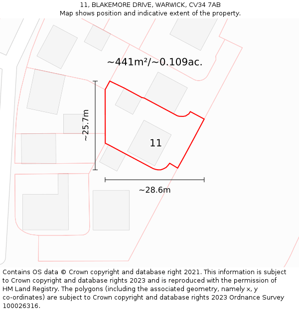 11, BLAKEMORE DRIVE, WARWICK, CV34 7AB: Plot and title map