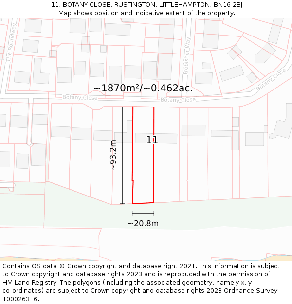 11, BOTANY CLOSE, RUSTINGTON, LITTLEHAMPTON, BN16 2BJ: Plot and title map