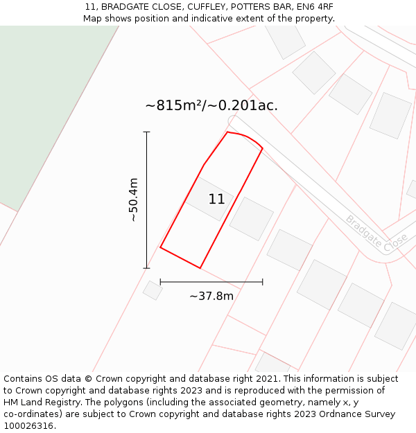 11, BRADGATE CLOSE, CUFFLEY, POTTERS BAR, EN6 4RF: Plot and title map