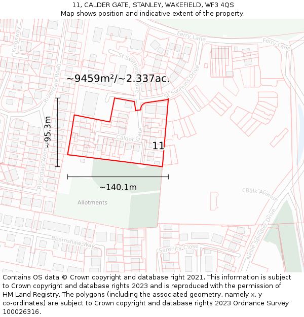 11, CALDER GATE, STANLEY, WAKEFIELD, WF3 4QS: Plot and title map