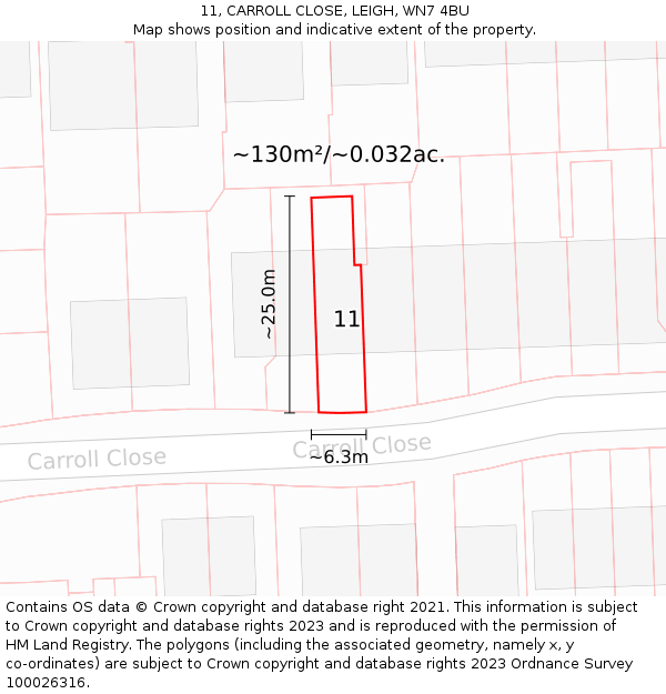 11, CARROLL CLOSE, LEIGH, WN7 4BU: Plot and title map