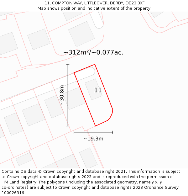 11, COMPTON WAY, LITTLEOVER, DERBY, DE23 3XF: Plot and title map